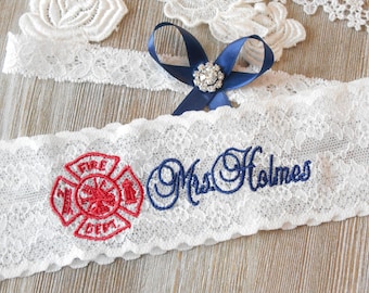 Wedding Garter Mrs Firefighter Garter Set Bridal Garter Floral Stretch Lace Bridal Garter Single Garter