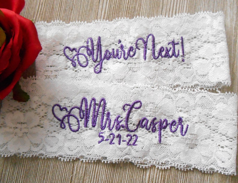 Personalized Monogrammed Embroidered Wedding Garters. Floral Stretch Lingerie Lace Garter Set or Single Garter image 5