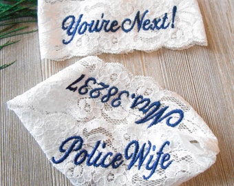 Wedding Garter Police or Fire fighter Toss with Phrase "You're Next! Bridal Garter Floral Stretch Lace Bridal Garter Single Garter