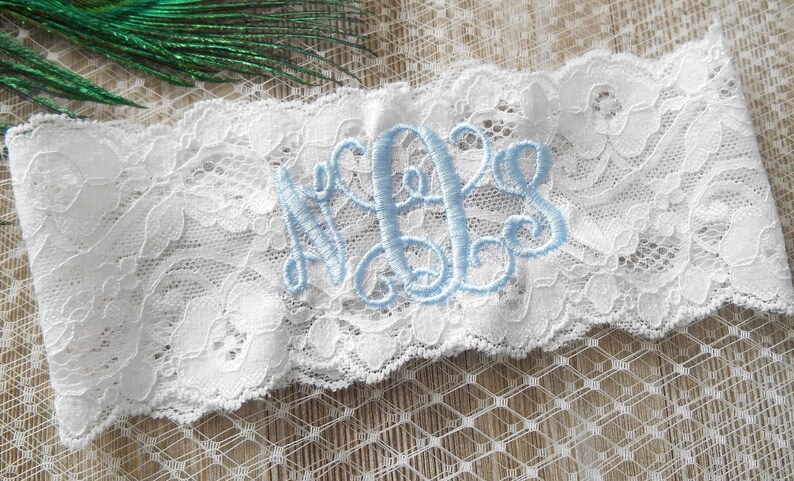 Personalized Wedding Garters Brides Something Blue Garter MONOGRAMMED Bridal Garter Floral Stretch Lace Single Garter image 3