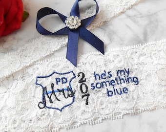 Police Badge Mrs with his number He's my Something Blue Wedding Garter Set