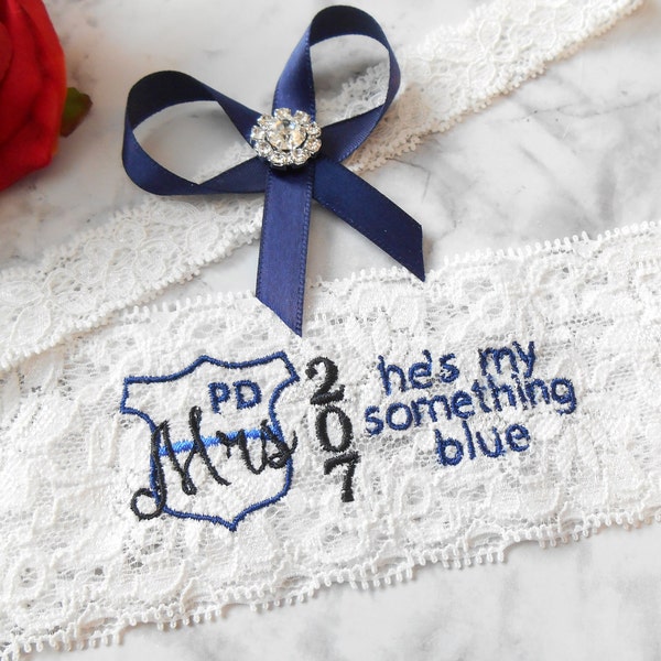 Police Badge Mrs with his number He's my Something Blue Wedding Garter Set