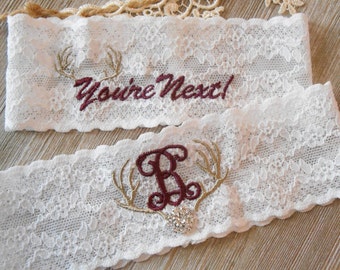 DEER ANTLERS MONOGRAMMED Wedding Garter Set or Single Keepsake Bridal Garter Floral Stretch Lace Bridal Garter Set or Single Garter