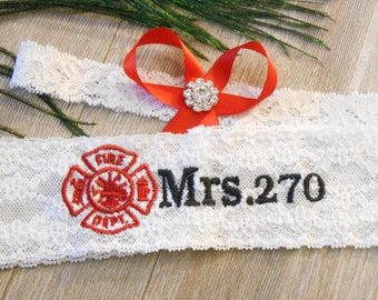 Firefighter Wife Garter Set Bridal Garter Set or Single Floral Stretch Lace Bridal Garter Single Garter