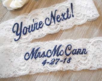 Wedding Garter MONOGRAMMED With Date  Bridal Garter Floral Stretch Lace Bridal Garter Single Garter