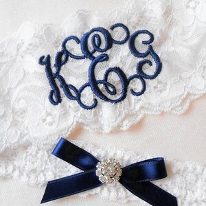 Personalized Wedding Garters Brides Something Blue Garter MONOGRAMMED Bridal Garter Floral Stretch Lace Single Garter