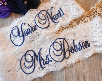 Personalized Wedding Garter Set Mrs. and Toss or Single Bridal Garter Stretch Lace Bridal Garter