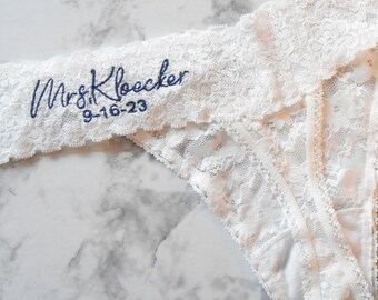 MONOGRAMMED Panties Thong White. Bridal Panty Floral Stretch Lace