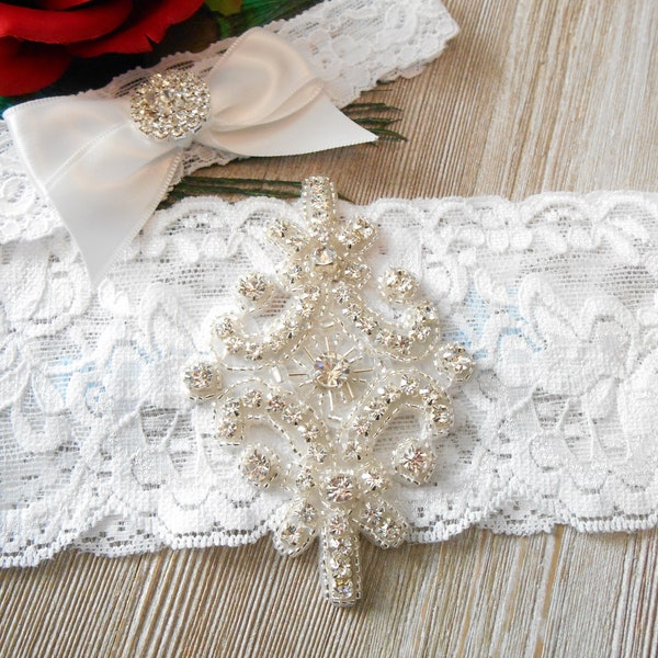 Add Monogramming Wedding Garter Set Ivory or White 3" Stretch Lace Bridal Garter Set with Beautiful Rhinestone Setting Garter Set.