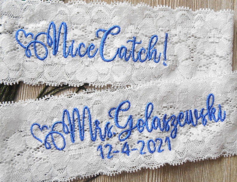 Personalized Monogrammed Embroidered Wedding Garters. Floral Stretch Lingerie Lace Garter Set or Single Garter image 6