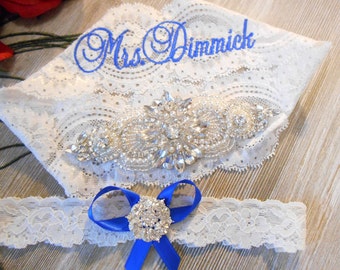 ADD MONOGRAMMING Personalized SET or Keepsake Wedding Garter Silver Setting Lingerie Lace Rhinestones and Pearls Setting Bridal Garter