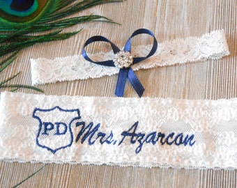 Police Blue Line Wedding Garter PD Police Dept Garter Set Bridal Garter Floral Stretch Lace Bridal Garter Single Garter