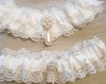 Wedding Garter SET 5 Colors Lace IVORY  WHITE Antique Ivory Light Blue and Black Lace over Satin Pearl and Rhinestone Setting