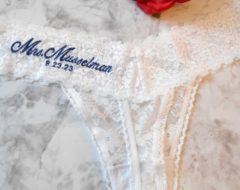 MONOGRAMMED Panties Thong White. Bridal Panty Floral Stretch Lace