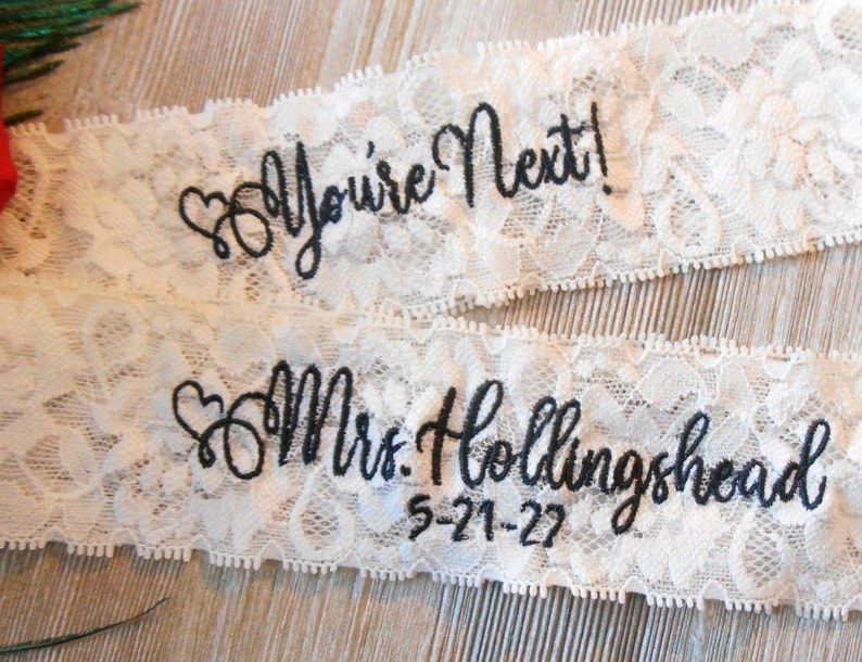 Personalized Monogrammed Embroidered Wedding Garters. Floral Stretch Lingerie Lace Garter Set or Single Garter image 4