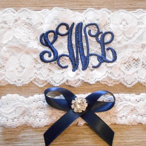 Personalized Wedding Garters Brides Something Blue Garter MONOGRAMMED Bridal Garter Floral Stretch Lace Single Garter image 2