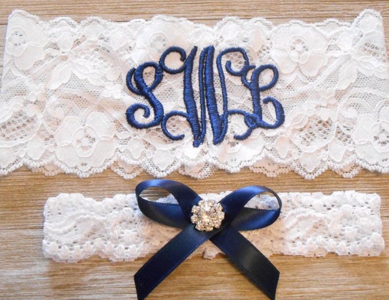 Personalized Wedding Garters Brides Something Blue Garter MONOGRAMMED Bridal Garter Floral Stretch Lace Single Garter WHITE SET