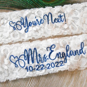 Personalized Monogrammed Embroidered Wedding Garters. Floral Stretch Lingerie Lace Garter Set or Single Garter image 1