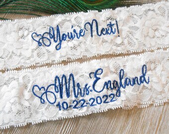 Personalized Monogrammed Embroidered Wedding Garters. Floral Stretch Lingerie Lace Garter Set or Single Garter