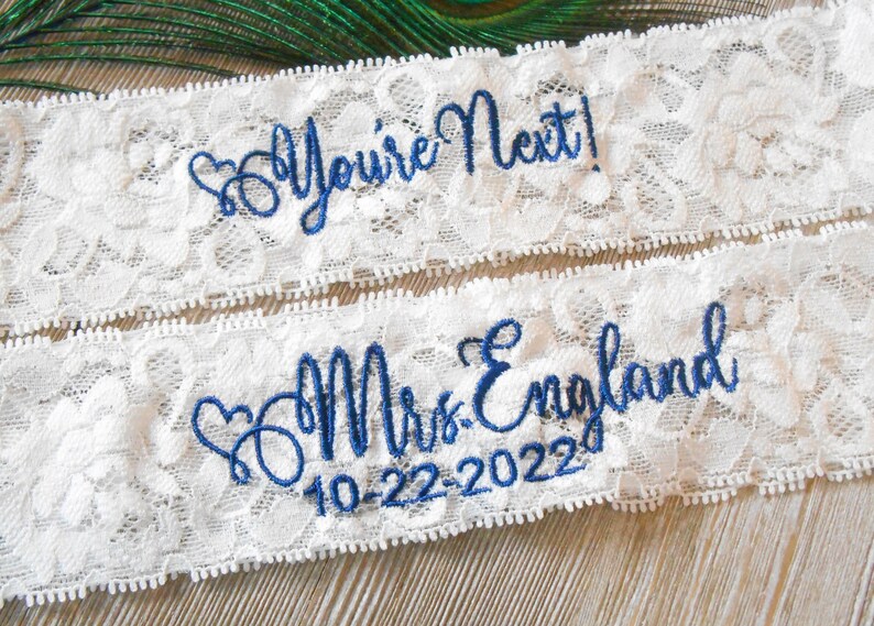 Personalized Monogrammed Embroidered Wedding Garters. Floral Stretch Lingerie Lace Garter Set or Single Garter image 1