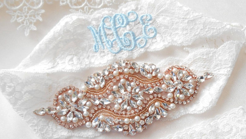 NO SLIP Wedding Garter Set MONOGRAM Option Lingerie Lace Rhinestones and Pearls Setting Bridal Garter Set