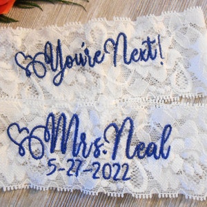 Personalized Monogrammed Embroidered Wedding Garters. Floral Stretch Lingerie Lace Garter Set or Single Garter image 3