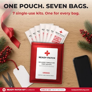 May include: A red pouch labeled READY PATCH containing seven single-use first aid kits. The text reads ONE POUCH. SEVEN BAGS. 7 single-use kits. One for every bag. Each kit features a red cross logo and a QR code for quick access.
