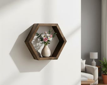 Rustikales sechseckiges schwebendes Wandregal aus Holz: Geometrisches Regal - Wohnkultur Geschenk