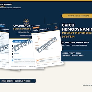 May include: A digital download set of 15 CVICU Hemodynamic Pocket Reference System study cards. The cards feature clinical formulas, arterial line waveforms, and assessment steps. The text includes "Core Hemodynamics," "Quick Reference," and "Arterial Line Waveform."