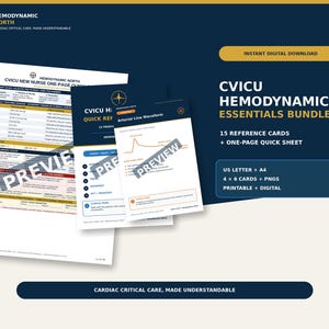May include: A digital bundle of CVICU Hemodynamic Essentials featuring 15 reference cards and a one-page quick sheet. The documents include clinical data, arterial line waveforms, and nursing checklists with text in navy blue, gold, and white.