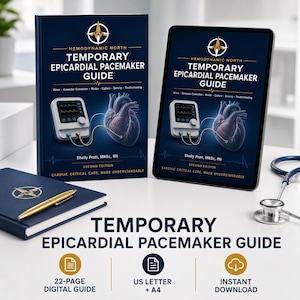 以下が含まれることがあります： Shelly Pratt, MNSc, RN著「Temporary Epicardial Pacemaker Guide」を表示した書籍とタブレット。表紙には医療用モニターと人間の心臓のイラストが描かれています。金色のペンを添えた青いノートと聴診器も一緒に写っています。