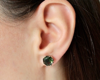9 mm CZECH MOLDAVITE Stud Earrings Sterling Silver Moldavite jewelry Genuine moldavite earrings Certified moldavite earrings Moldavite studs