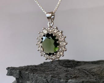 9,5 - 11,5 mm steen TSJECHISCHE MOLDAVIT hanger zilver echte Moldaviet sieraden - Authentieke Moldaviet ketting echte Moldaviet kristal ketting cadeau