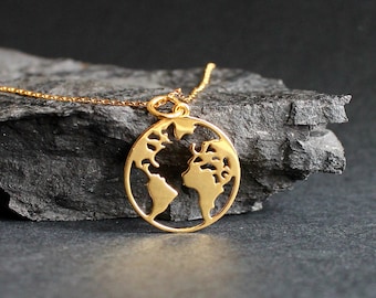 Vergulde sterlingzilveren aardeketting - sierlijke wereldkaarthanger, boho globe sieraden, vergulde planeetketting met ketting