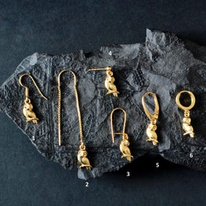 Pode incluir: Uma coleção de seis brincos dourados com formato de coruja, exibidos em uma superfície escura e texturizada. Os brincos variam em estilo, incluindo designs de gancho, fio e pino. Cada brinco apresenta um pingente de coruja detalhado.