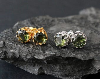 8mm Czech Moldavite Earrings - Genuine Moldavite in 925 Sterling Silver or Gold plated, Gift for Moldavite Jewelry Lovers - Moldavite Studs