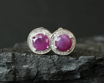Orecchini con rubino naturale da 7 mm, gioielli in argento sterling, orecchini con rubino autentico, taglio brillante, orecchini con rubino autentico, regalo per lei, orecchini in argento con rubino