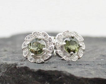 4mm CZECH MOLDAVITE Earrings Sterling Silver jewelry real Moldavite Stud Earrings, genuine moldavite gemstone earrings - moldavite jewelry