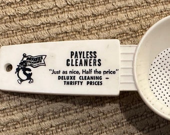 Vintage 1960s Payless Cleaners promotional egg strainer kitschy mascot deluxe cleaning thrifty prices advertising