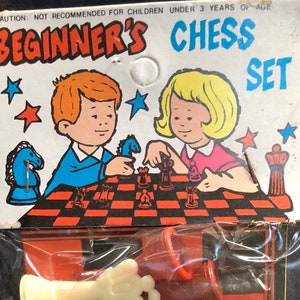 Vintage 1960s Beginners Chess Set plastic kitschy cute Larami Corp Hong Kong toy retro fun graphics image 1