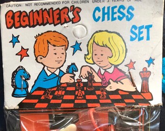 Vintage 1960s Beginner’s Chess Set plastic kitschy cute Larami Corp Hong Kong toy retro fun graphics