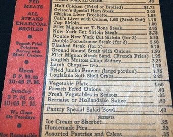 Vintage 1940s 1950s Grison’s Steak and Chop House San Francisco wooden post card menu souvenir collectible The House That Quality Built ad