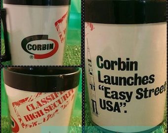 Corbin Launches Easy Street Ad Promo ThermoServ Plastic Mug Classified High Security 1981 Pharmaceutical