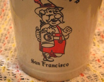 Schroeder's Restaurant San Francisco Ceramic Beer Stein Drinking Mug Made in Federal Republic of Germany Bavarian Souvenir Lederhosen logo