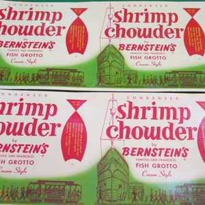 Vintage Bernstein's Condensed Shrimp Chowder Famous San Francisco Fish Grotto Cream Style Paper advertising packaging labels Cable Cars image 3