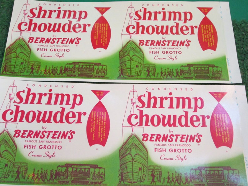 Vintage Bernstein's Condensed Shrimp Chowder Famous San Francisco Fish Grotto Cream Style Paper advertising packaging labels Cable Cars image 3