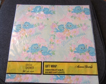 Vintage 1960s American Greetings Bluebird Motif Bridal Shower Gift Wrapping Paper 2 sheets 35 cents kitschy cute