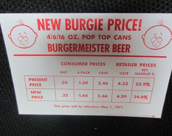 Vintage 1971 Burgermeister Beer Pop Top Cans NEW Pricing Burgie San Francisco CA 16 oz  Alcohol Advertising ephemera 2 cards