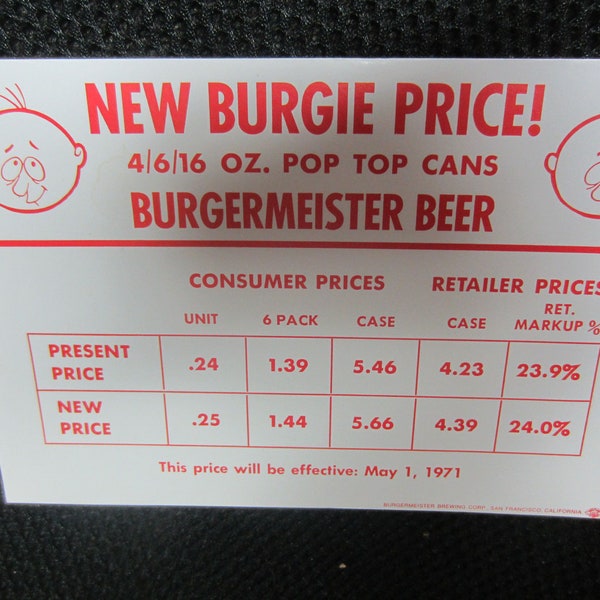 Vintage 1971 Burgermeister Beer Pop Top Cans NEW Pricing Burgie San Francisco CA 16 oz  Alcohol Advertising ephemera 2 cards