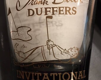 Frank Dill's DUFFERS Invitational Golf lowball drinking glasses gold etched Mid Century barware kitschy 1960s 1970s SF Radio Personality